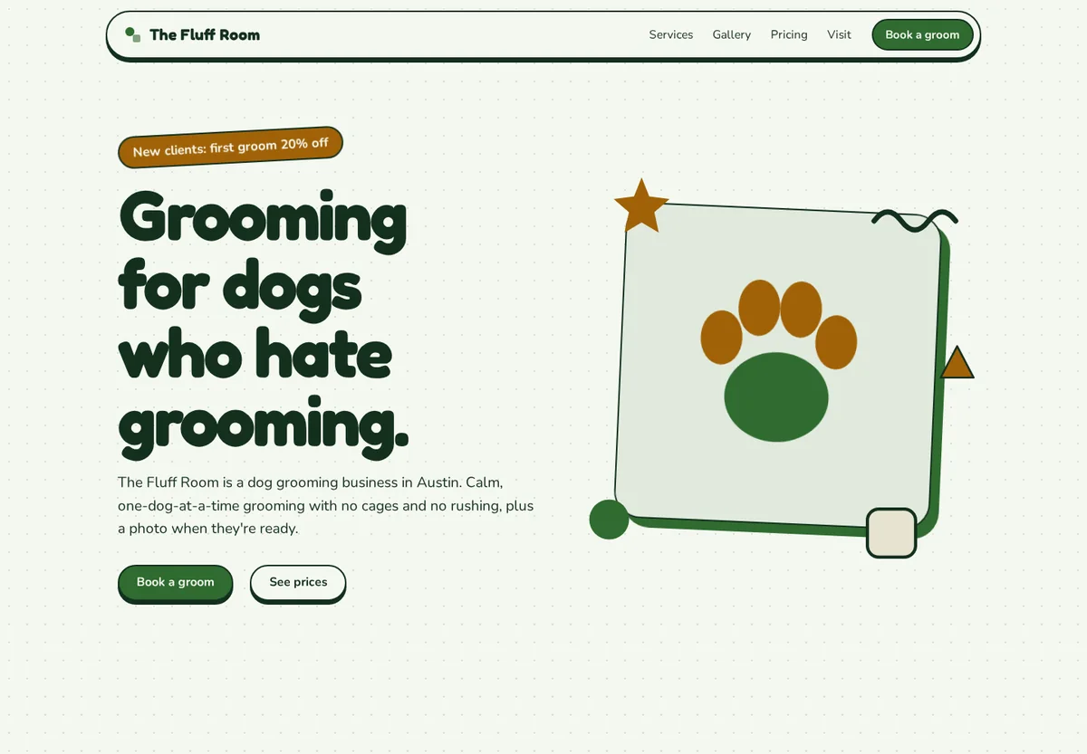 Landing page Marquee built for The Fluff Room