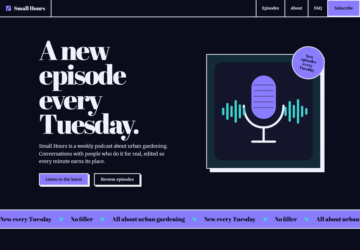 Landing page Marquee built for Small Hours